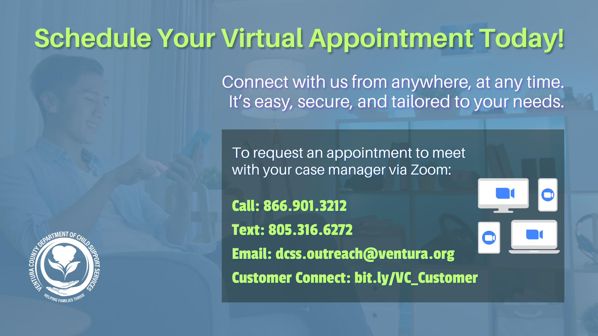 Schedule virtual appointment info. background person on smartphone