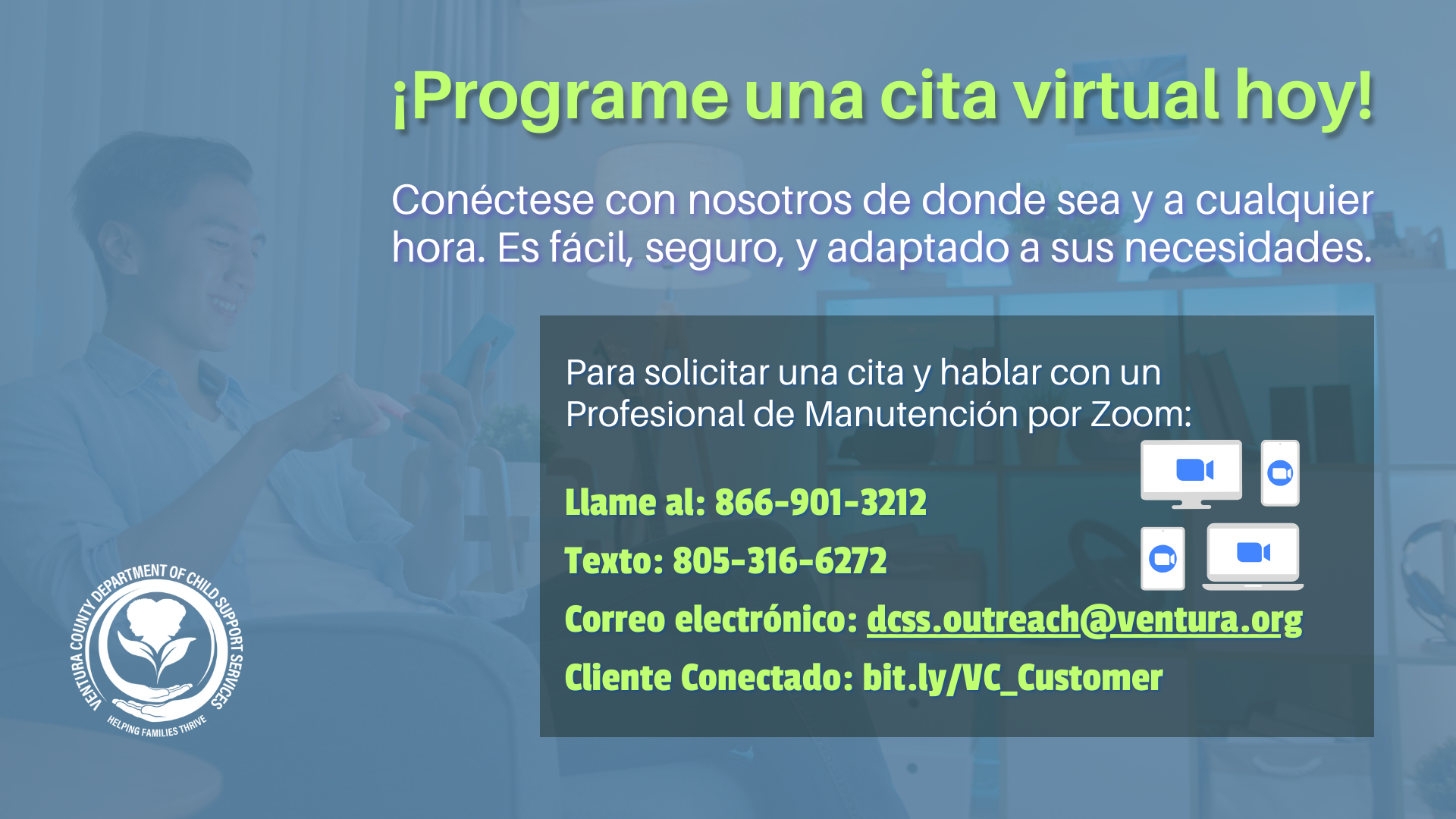 Spanish Schedule virtual appointment info. background person on smartphone