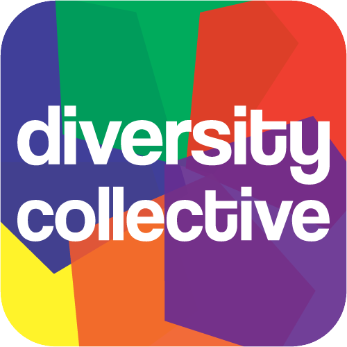 Multiple colors of purple, green, red, yellow, orange shapes with the words in white writing diversity collective Diversity Collective logo image.